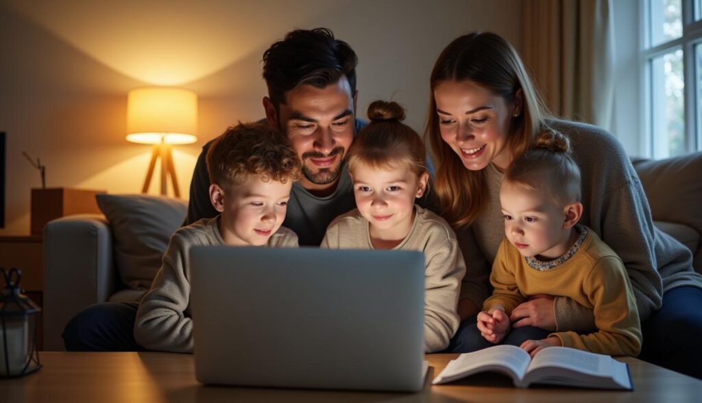 Familie bruger bærbar computer med trådløst internet.