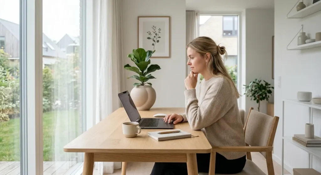 En person der undersøger webhotel pris på en bærbar computer i et lyst skandinavisk kontor